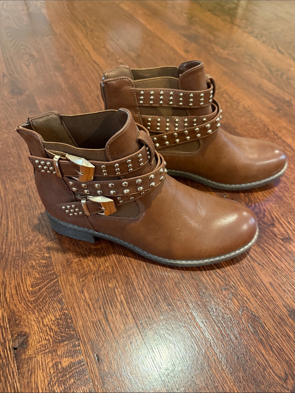 Studded Brown Ankle Boots with Buckle Straps